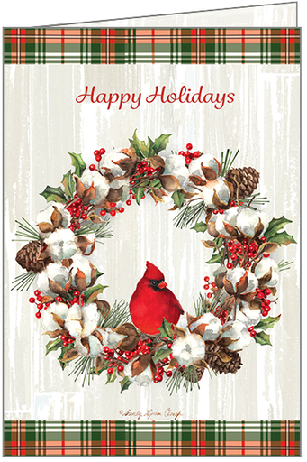 [C3706] Cotton Wreath with Cardinal Christmas, Box of Cards